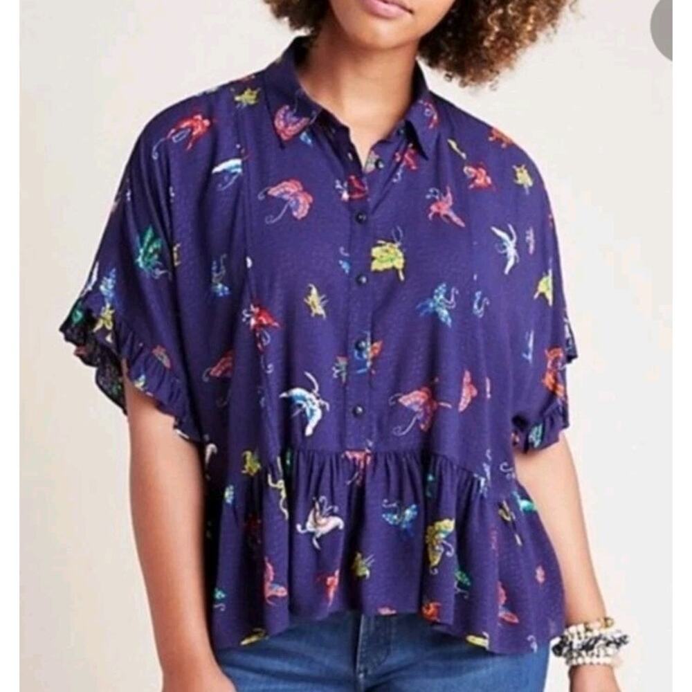 Anthropologie Butterfly Print Peplum Blouse Navy Blue Short Sleeve M trendy